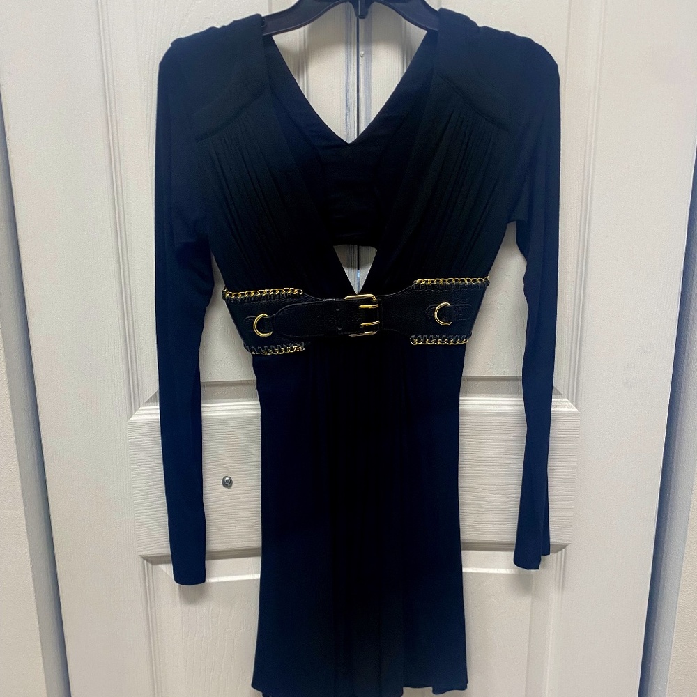 New w/Tag Sky Leather Buckle W/Chain V Neck Long Sleeve Black Mini Dress Small